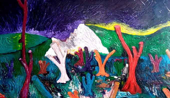 Paesaggio con cava e alberi urlanti / Lanscape with quarry and screaming trees, 2019. Acrilico su tavola telata / Acrylic on canvas 54,5x31,5 cm.