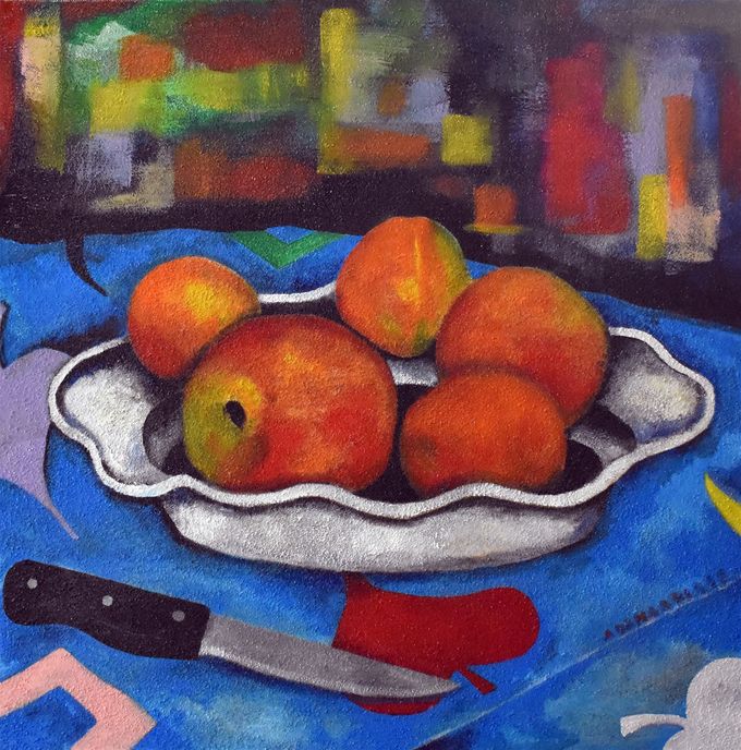 Piatto con frutta, 2019. Acrilico su tela 50x50