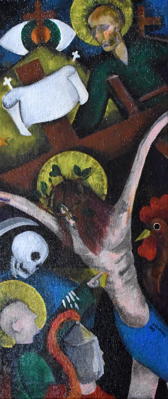 Il Cavaliere, il Santo e la Morte / The knight, the saint and the death, 2019. Acrilico su tela / Acrylic on canvas 70x30 cm...per tacer del gallo