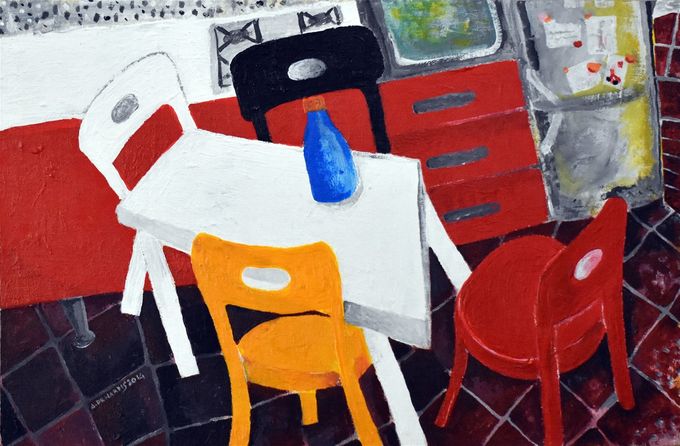Tavolo e sedie / Table and chairs, 2014. Acrilico su tavola telata / Acrylic on linen board 44x29 cm