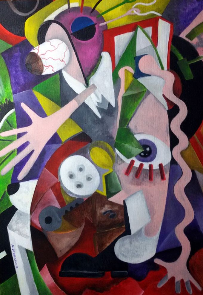 Lo stato dell'arte 1: Voglia di cambiamento, forature in salita e molti altri pensieri, 2015 . Acrilico su tela 50x35x1,5 cm (collezione privata)